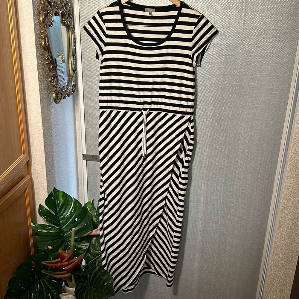 Talbots black white striped maxi dress tie front slit cotton blend size MP